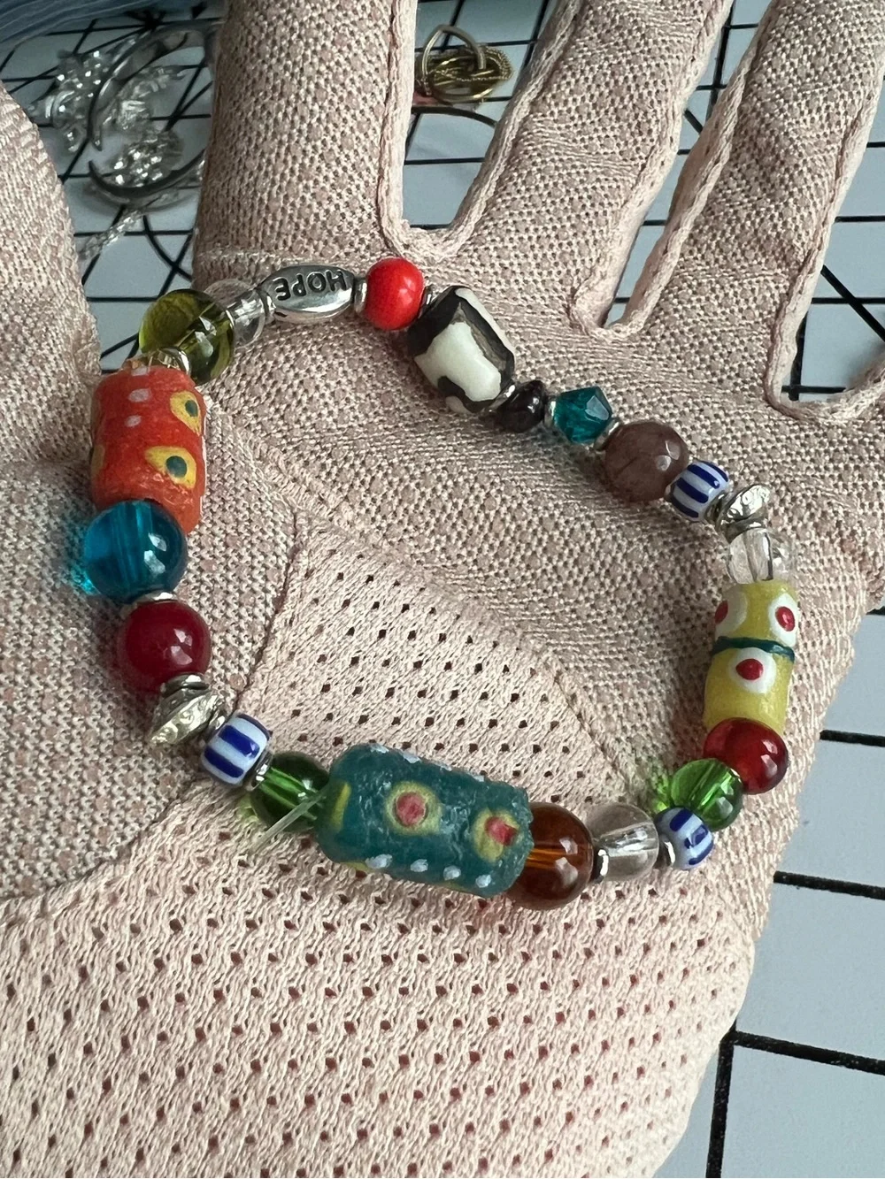 Vintage African Glass Trade Bead Stretch Bracelet - Multicolor Boho Hope